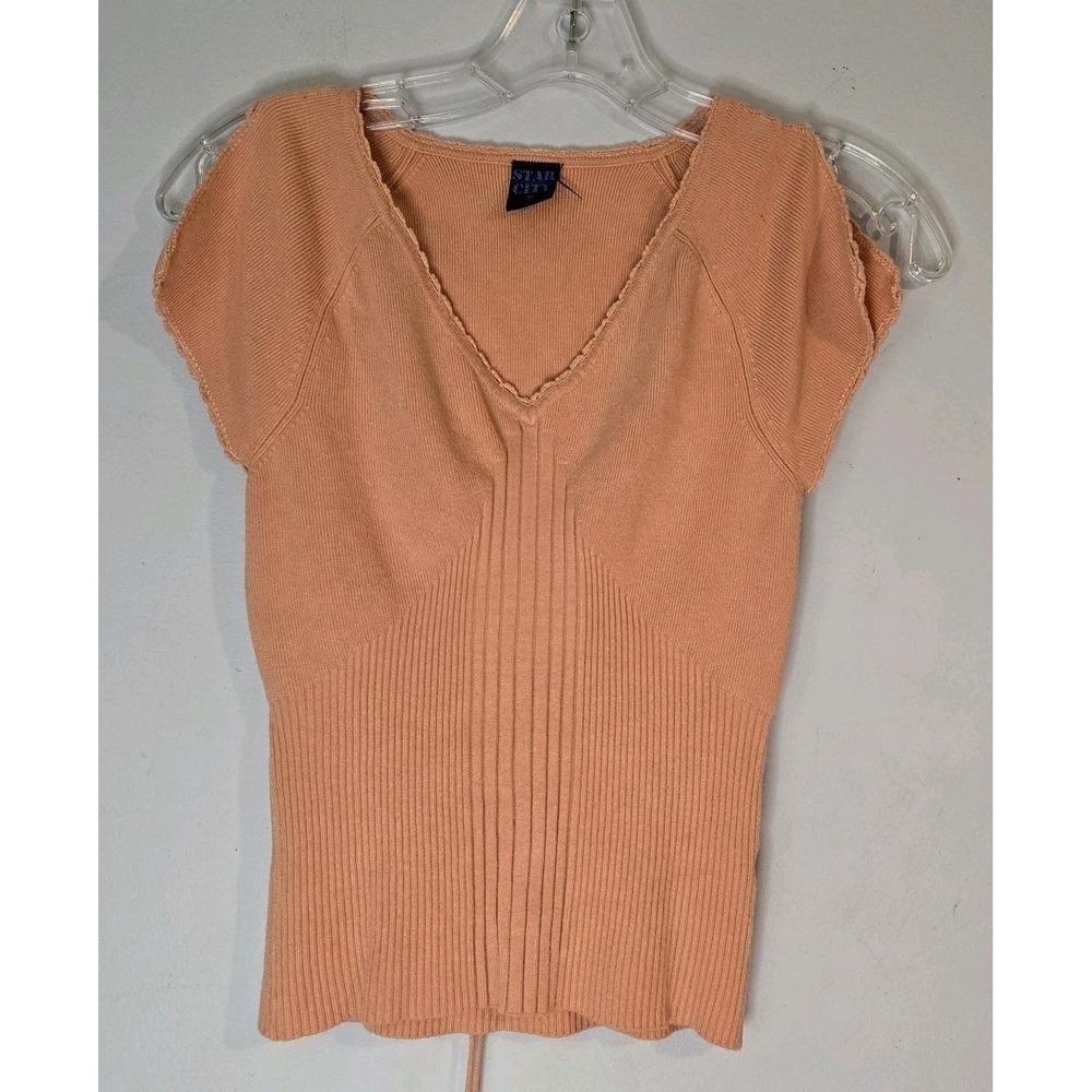 Star City Medium Summer Weight Peach Ribbed Sweater Cold Shoulder Cottagecore